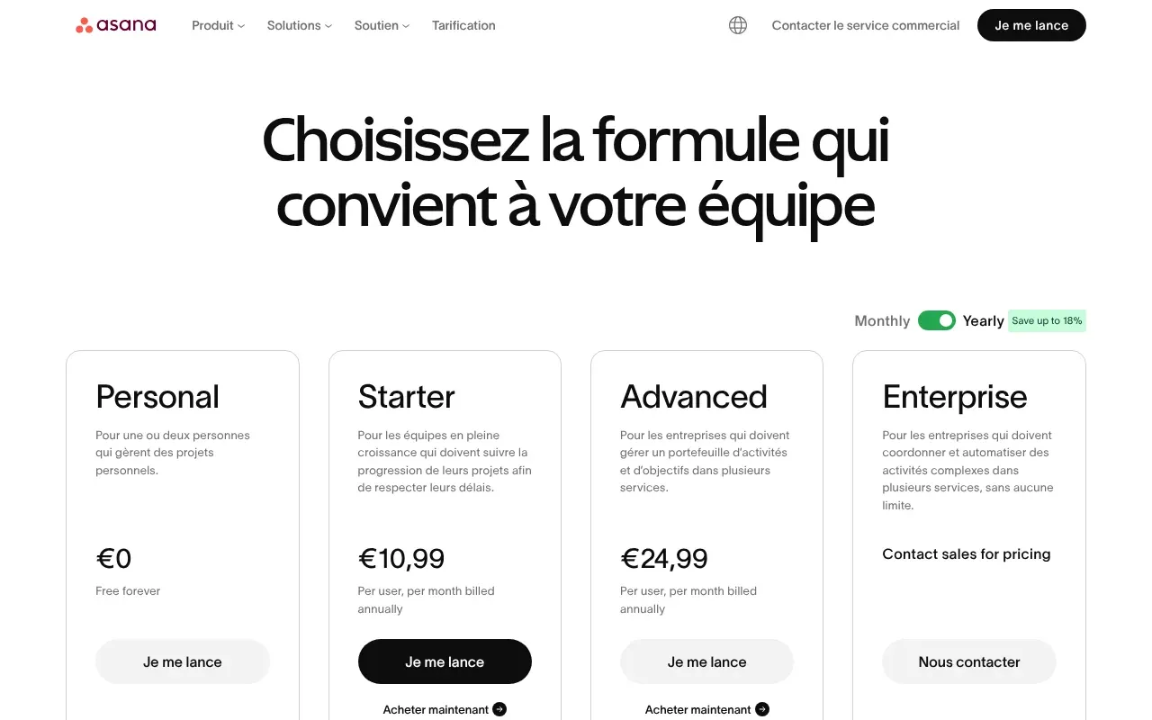 Tarifs Asana — page pricing officielle