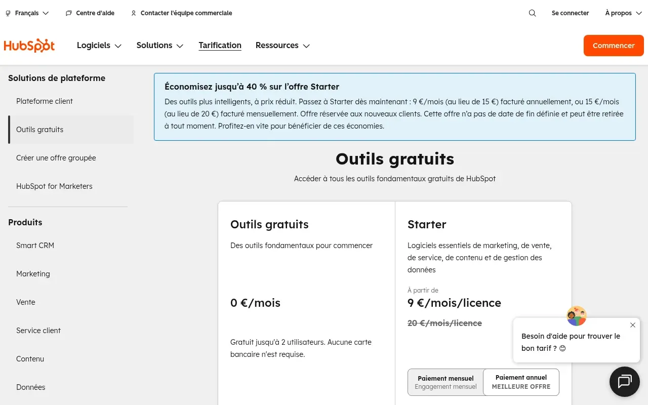 Tarifs HubSpot CRM — page pricing officielle
