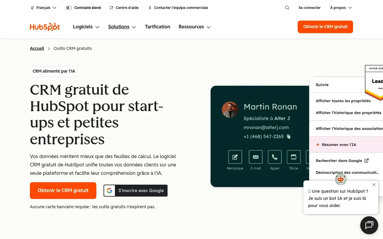 Interface de HubSpot CRM — homepage