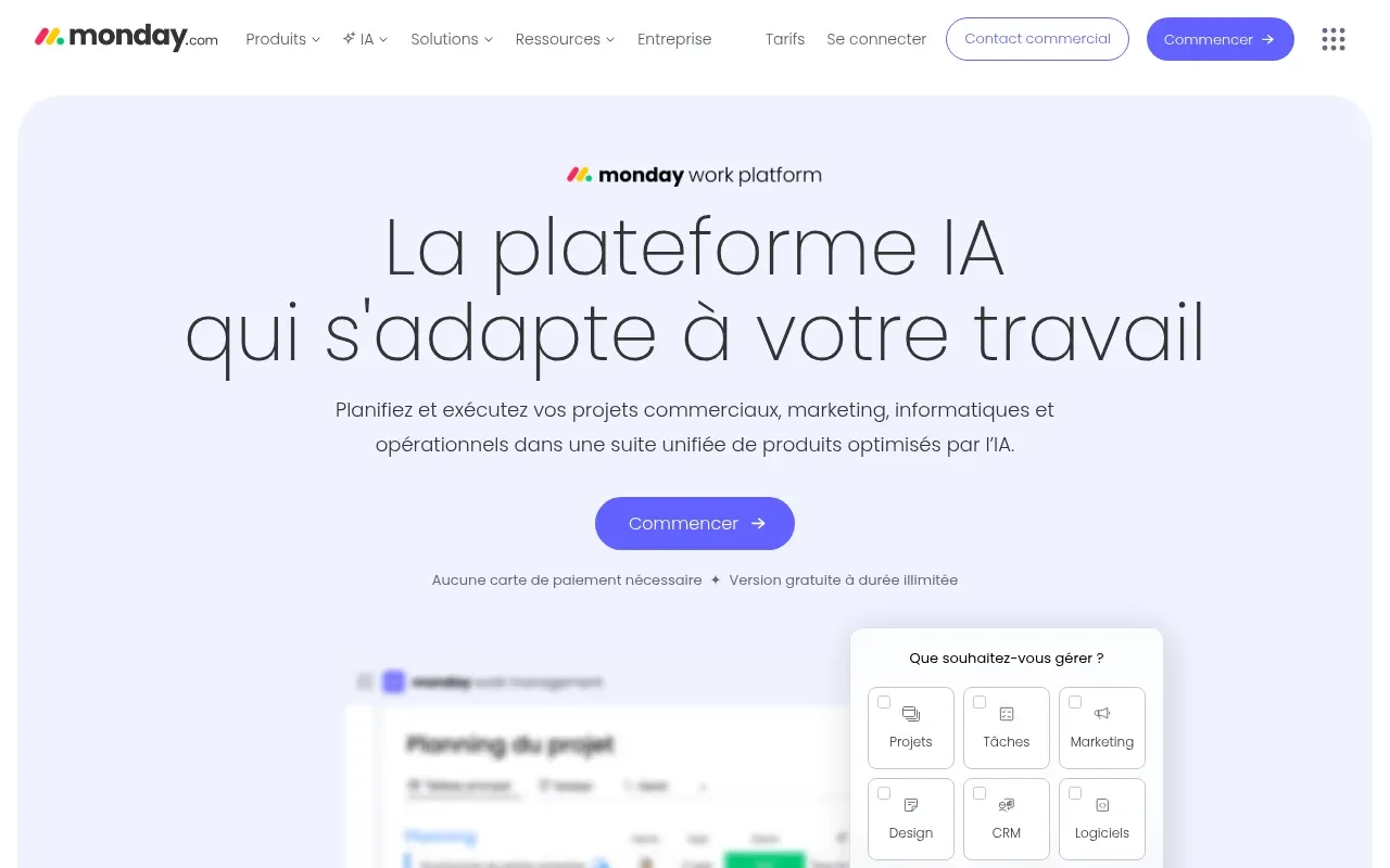 Interface de Monday.com — homepage