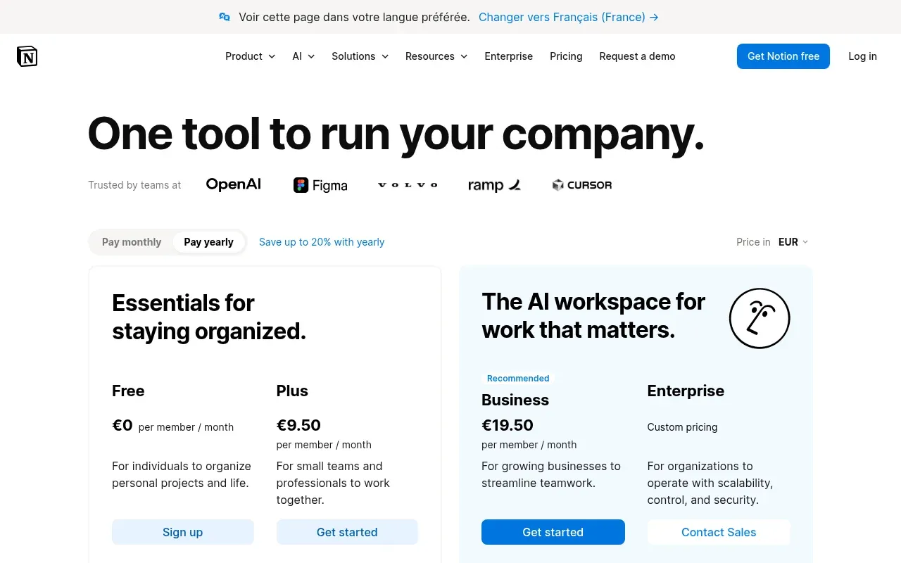 Tarifs Notion — page pricing officielle