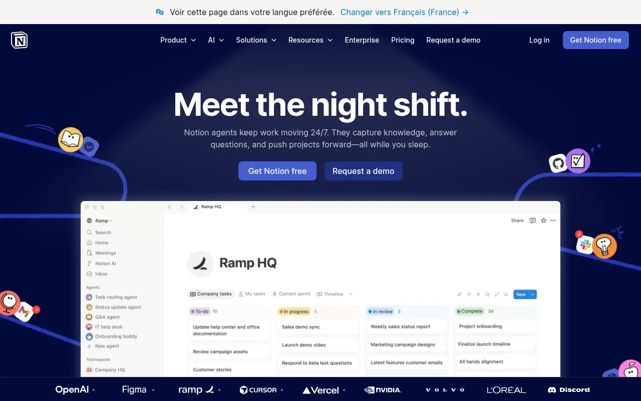 Interface de Notion — homepage